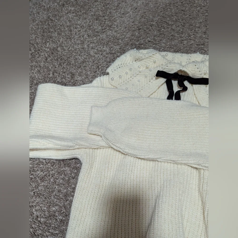 Zara Faux Pearl Sweater Big Collar Velvet Bow Top Cream Small - Picture 9 of 9